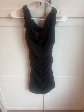 Black Draped Sleeveless Cocktail Dress with open back cutout